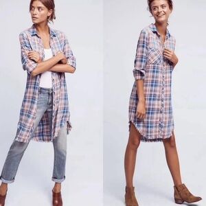 Cloth + Stone Anthropologie Fringed Plaid Buttondown Tunic Dress Sz Medium